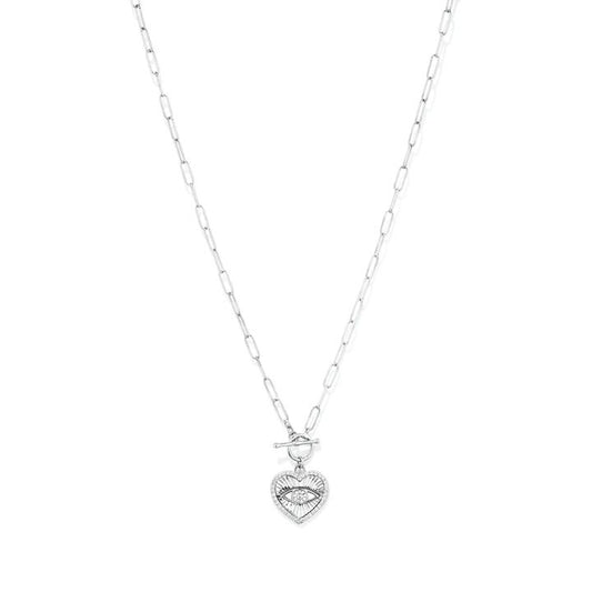Image of Necklaces. Productname: 45cm Cubic Zirconia Heart with Evil Eye Paperclip Necklace in Sterling Silver in Silver colour by brand - Bevilles