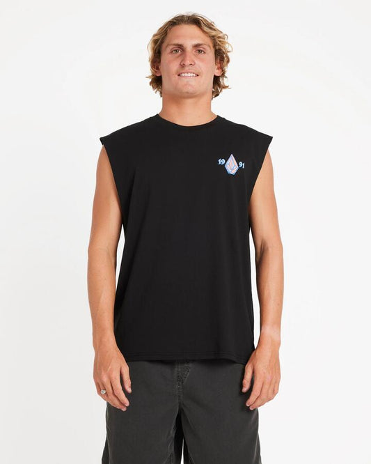 Image of a model wearing Tops. Productname: Volcom - Mens Counter Top Muscle - Black - in Black colour by brand - Volcom
