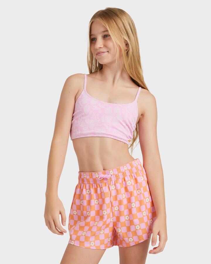 Image of Swimwear. Product name - Roxy Girls 8-16 Active Boardshorts Tangerine Tic Tac Fleur in Tangerine Tic Tac Fleur colour by brand - Roxy
