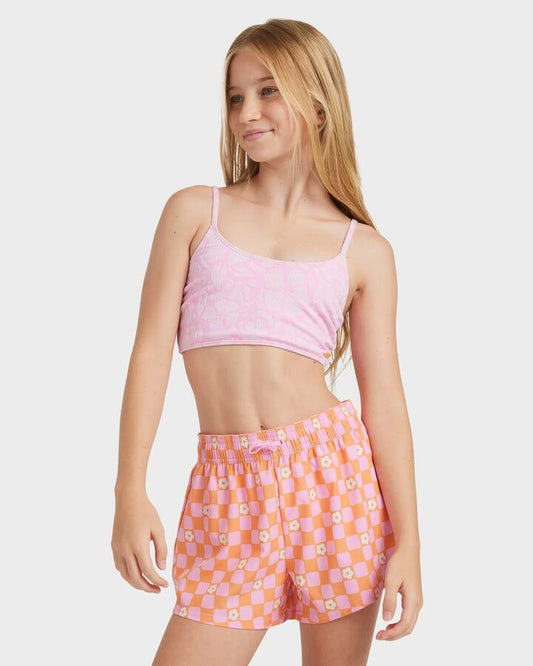 Image of Swimwear. Product name - Roxy Girls 8-16 Active Boardshorts Tangerine Tic Tac Fleur in Tangerine Tic Tac Fleur colour by brand - Roxy