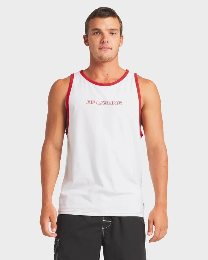 Image of a model wearing Tops. Productname: Billabong - Mens Spec Tipper Tank - White - in White colour by brand - Billabong