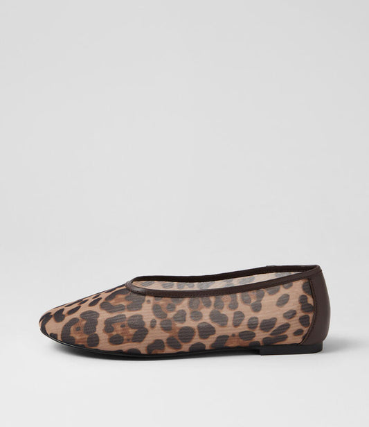 Image of Flats. Product name - Lennen Choc Leopard Mesh Leather Ballet Flats in Choc Leopard-Choc colour by brand - MOLLINI