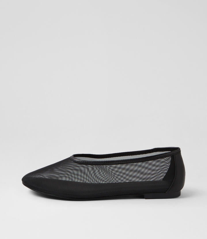 Image of Flats. Product name - Lennen Black Mesh Leather Ballet Flats in Black colour by brand - MOLLINI