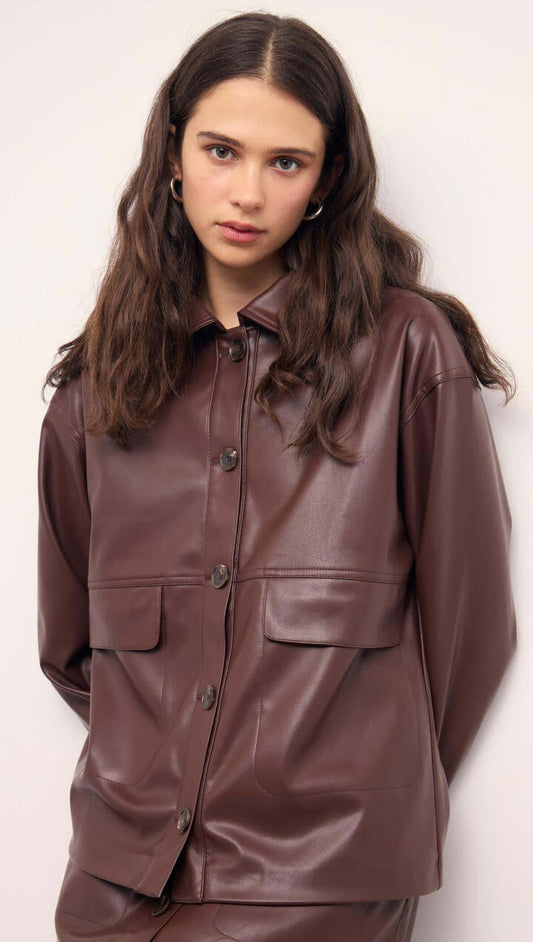 Image of Coats & Jackets. Product name - Brown Faux Leather Jacket in Dark Chocolate colour by brand - MINKPINK