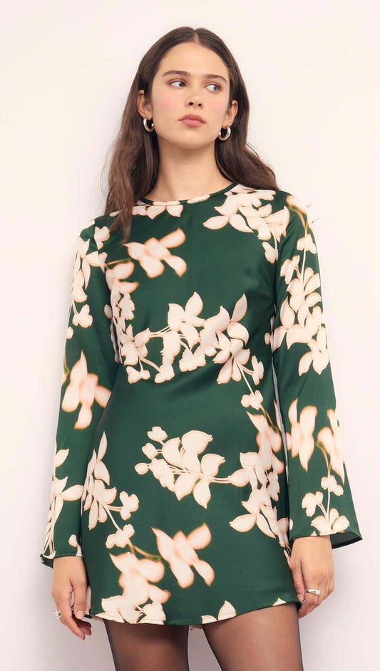 Image of Dresses. Product name - Green & Cream Floral Satin Mini Dress in Floral/Forest Green colour by brand - MINKPINK