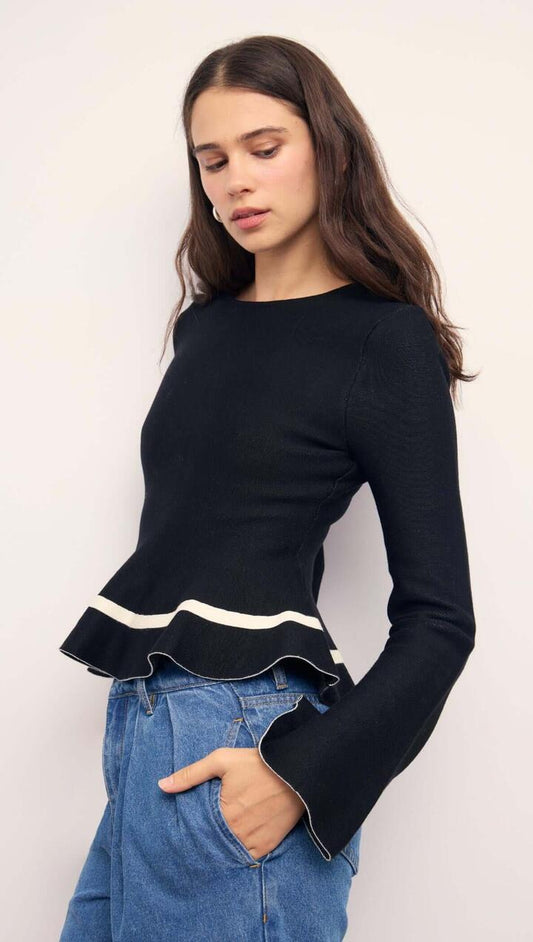 Image of a model wearing Tops. Product name - Black Peplum Knit Top With Contrast Trim in Black/Cream colour by brand - MINKPINK