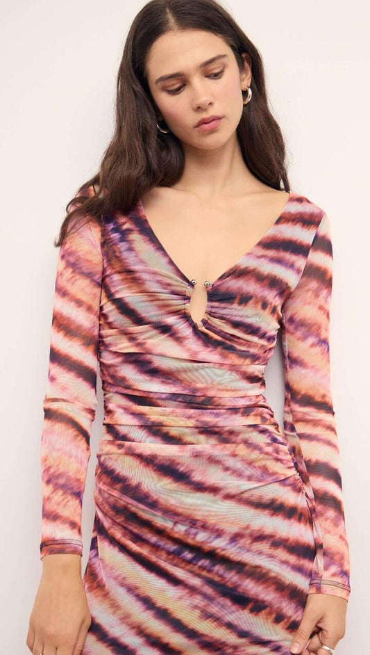 Image of Dresses. Product name - Pink & Purple Striped Mesh Midi Dress in Blurred Stripe colour by brand - MINKPINK