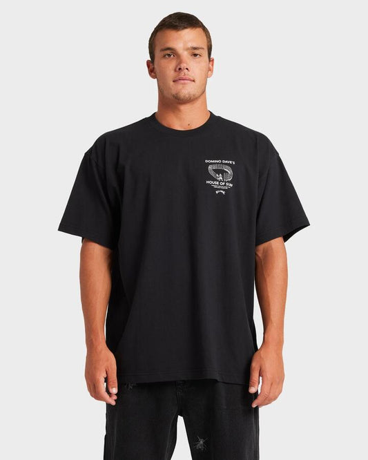 Image of a model wearing Tops. Productname: Billabong - Mens Domino Dave Og T-Shirt - Washed Black - in Washed Black colour by brand - Billabong