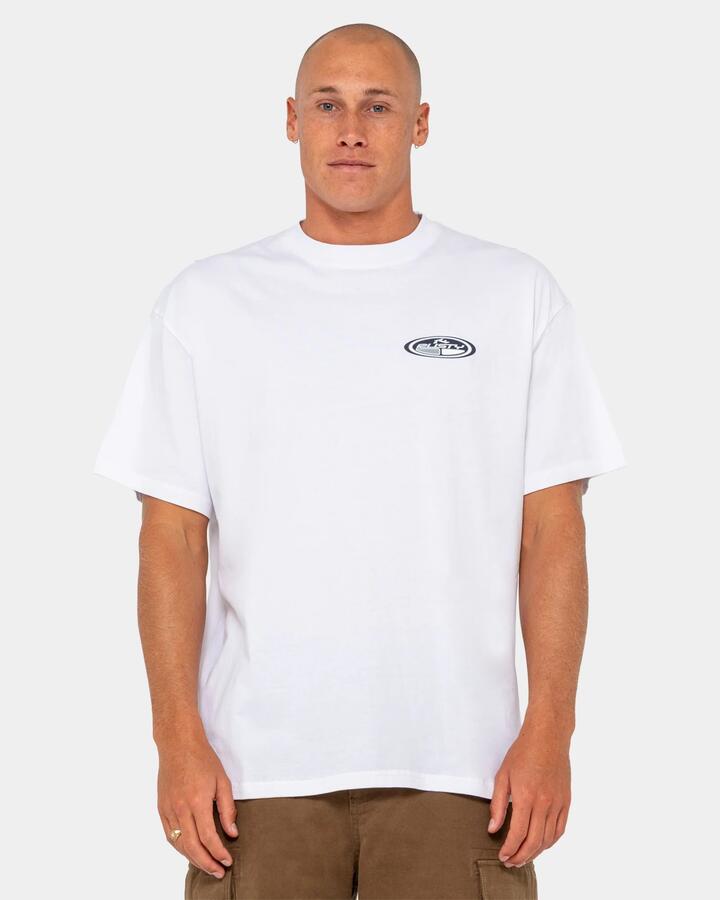 Image of a model wearing Tops. Productname: rusty Mens Faden T-Shirt White - in White colour by brand - Rusty