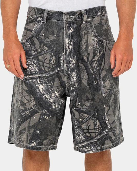 Image of a model wearing Shorts. Productname: rusty Mens Flip Rambo Denim Shorts Grey Camo - in Grey Camo colour by brand - Rusty