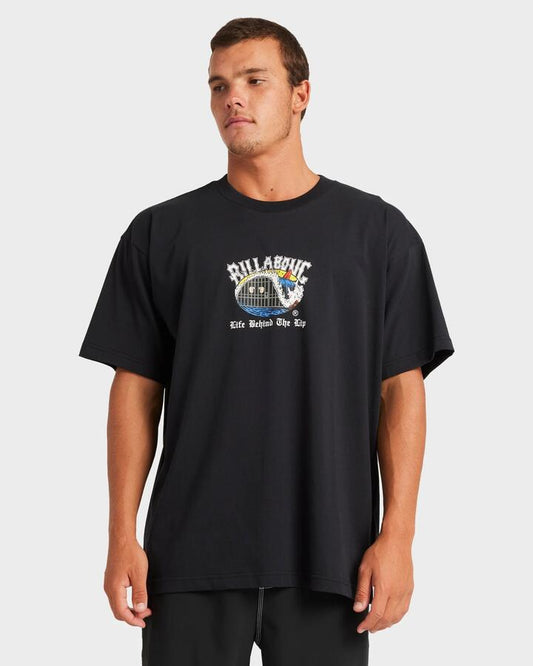 Image of a model wearing Tops. Productname: Billabong - Mens Behind The Lip T-Shirt - Black - in Black colour by brand - Billabong
