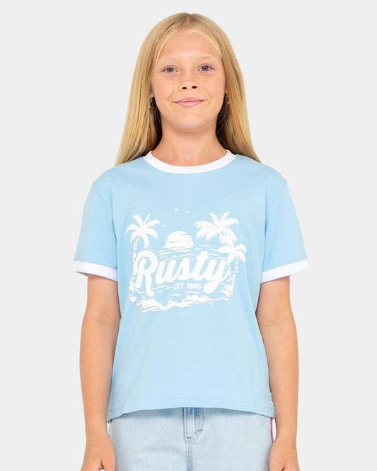 Image of T-Shirts. Product name - Rusty Girls 8-14 Bobbie Oversized T-Shirt Retro Blue in Retro Blue colour by brand - Rusty