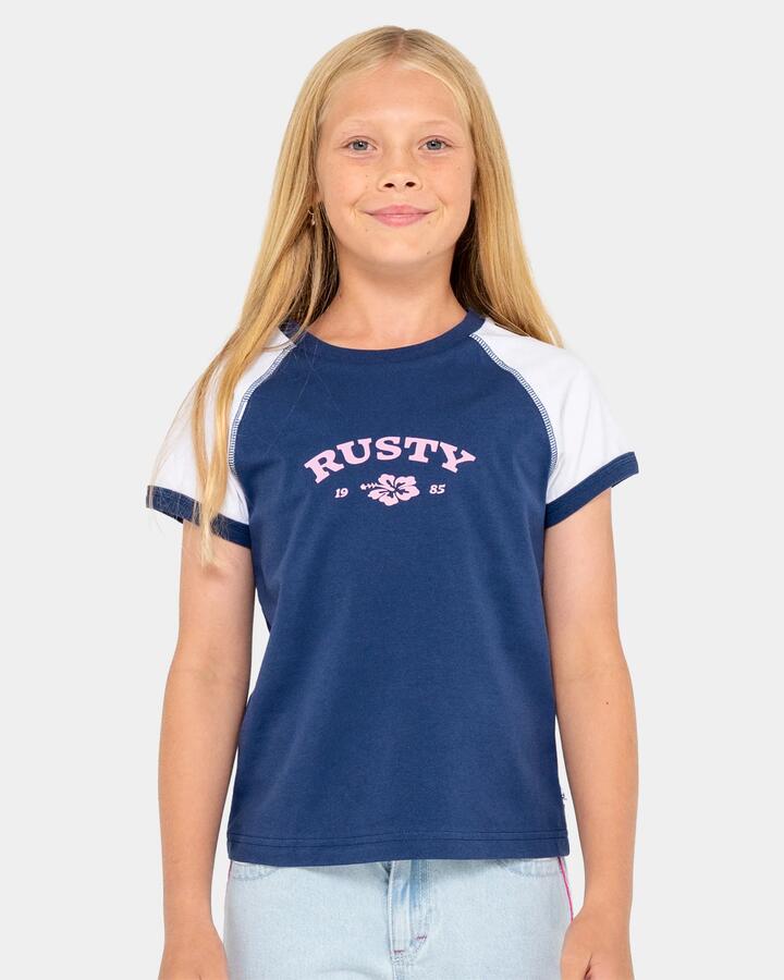 Image of T-Shirts. Product name - Rusty Girls 8-14 Riley Raglan Baby T-Shirt Navy in Navy colour by brand - Rusty