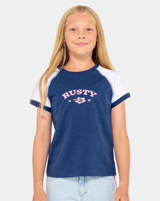 Image of T-Shirts. Product name - Rusty Girls 8-14 Riley Raglan Baby T-Shirt Navy in Navy colour by brand - Rusty