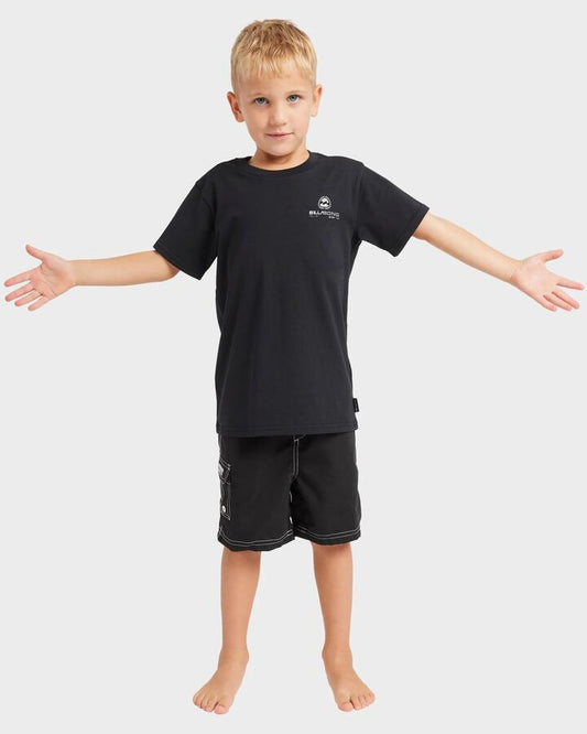 Image of a model wearing Tops. Productname: Billabong - Boys 2-7 Spec Biow T-Shirt - Black - in Black colour by brand - Billabong
