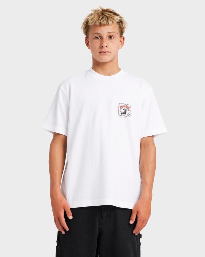 Image of a model wearing Tops. Productname: Billabong - Boys 8-16 Wave Pool T-Shirt - White - in White colour by brand - Billabong