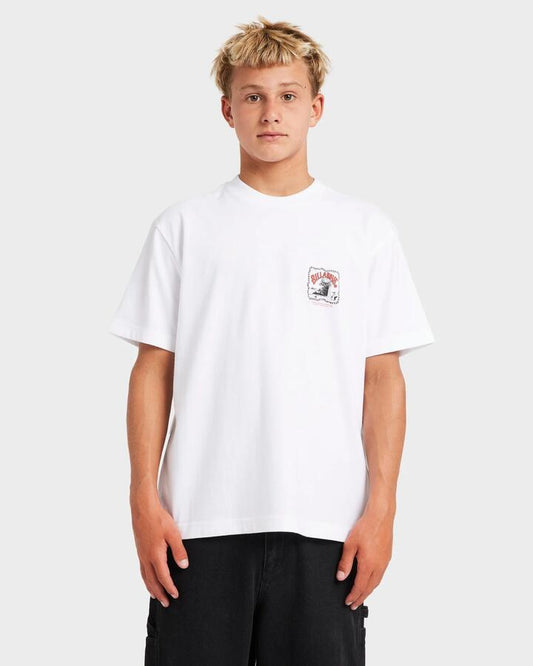 Image of a model wearing Tops. Productname: Billabong Boys 8-16 Wave Pool T-Shirt White - in White colour by brand - Billabong