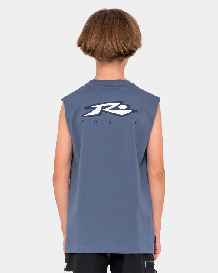 Image of a model wearing Tops. Product name - Rusty Boys 6-14 Registered Muscle Shirt China Blue in China Blue colour by brand - Rusty