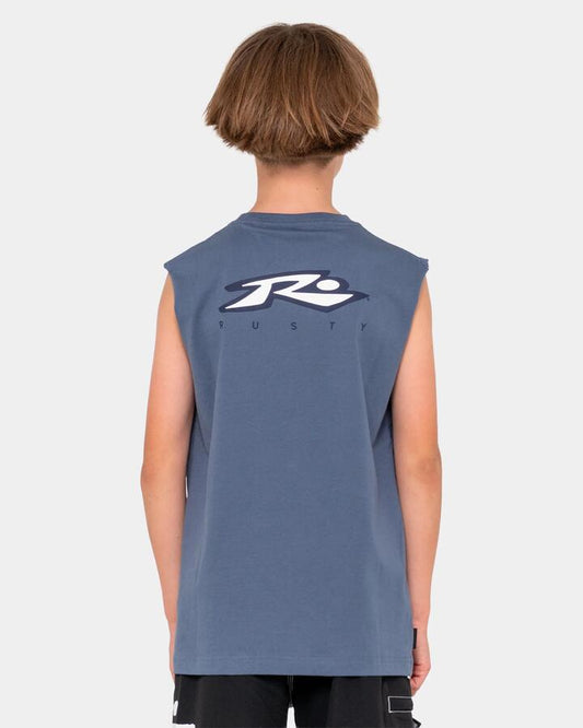 Image of a model wearing Tops. Productname: rusty Boys 6-14 Registered Muscle Shirt China Blue - in China Blue colour by brand - Rusty