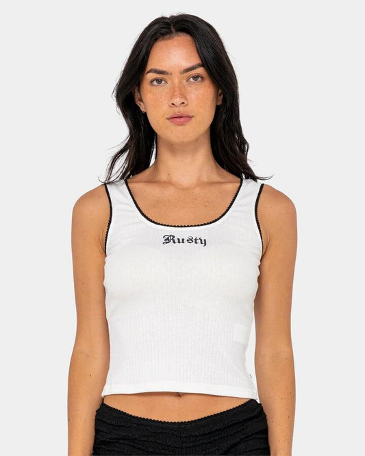 Image of a model wearing Tops. Productname: rusty - Womens Cassian Ribbed Scoop Neck Tank Top - White - in White colour by brand - rusty