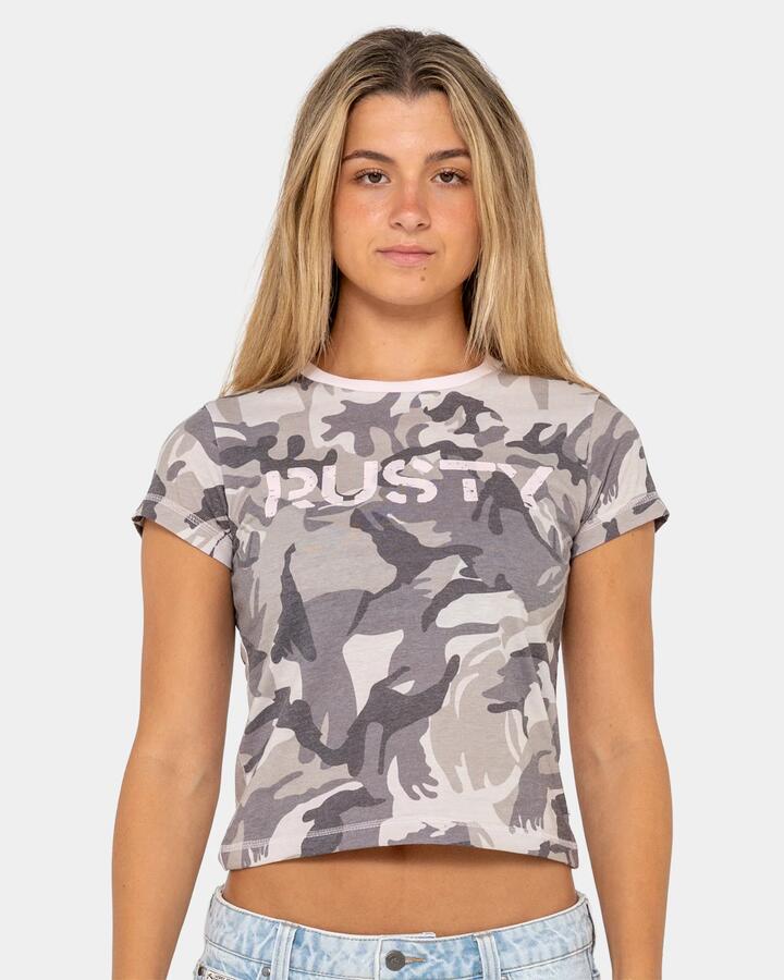 Image of T-Shirts. Product name - Rusty Womens Tank Girl All Ova Baby T-Shirt Camo in Camo colour by brand - Rusty