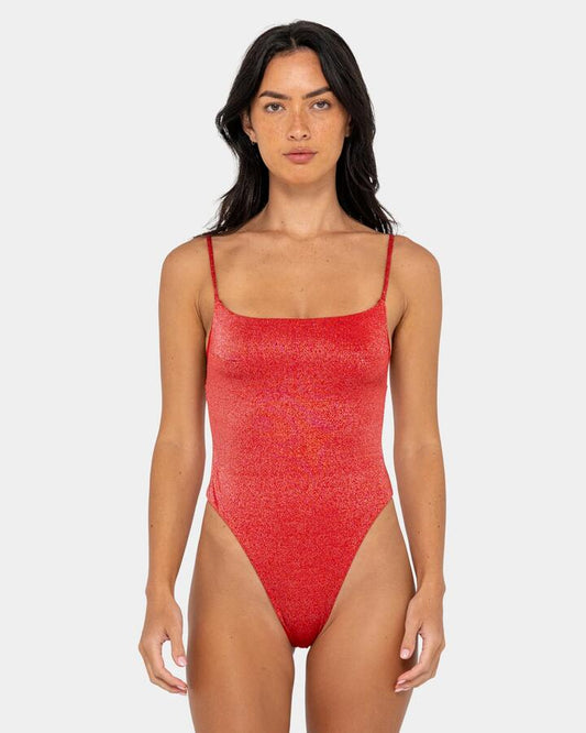 Image of Swimwear. Productname: rusty - Womens Shimmy Hi Leg One Piece Swimsuit - Red - in Red colour by brand - rusty