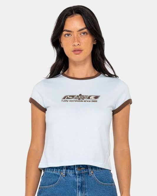 Image of T-Shirts. Product name - Rusty Womens Snapper Contrast Ringer Mini T-Shirt Retro Blue in Retro Blue colour by brand - Rusty