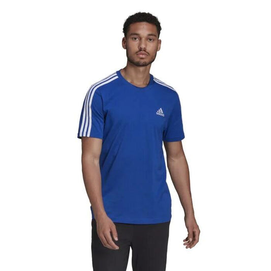 Image of a model wearing Tops. Productname: Adidas Essentials Men's 3 Stripes T-shirt in ROYAL colour by brand - ADIDAS