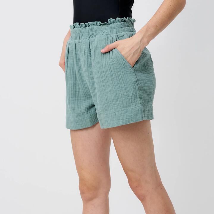 Image of a model wearing Shorts. Productname: Torpedo7 Cheesecloth Women's Shorts in Sage colour by brand - TORPEDO7