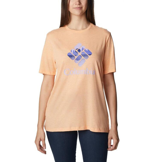 Image of a model wearing Tops. Productname: Columbia Women's Bluebird Day Relaxed Crew Neck Tee in Peach colour by brand - COLUMBIA