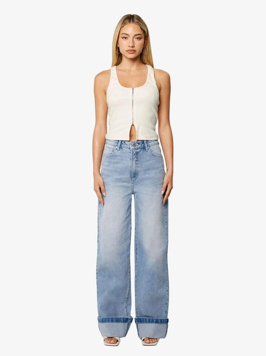 Image of a model wearing Denim. Productname: Abrand 94 Wide Turn-Up Jeans in JORDAN WORN colour by brand - Abrand