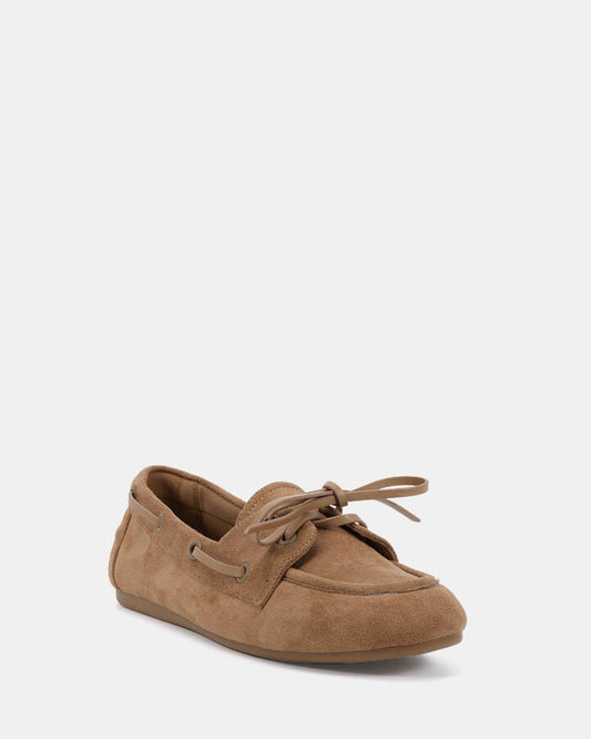 Image of Flats. Productname: Carmelito: Biscoff Suede - Women's Casual Flat Closed in Biscoff Suede colour by brand - Novo