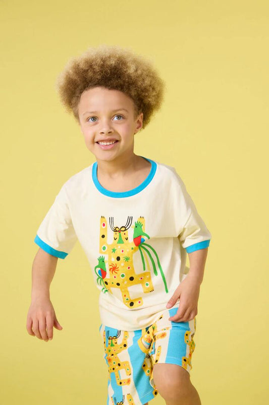 Image of a model wearing Tops. Productname: Rio Leopard Kids Ss Tee in Cream colour by brand - Gorman