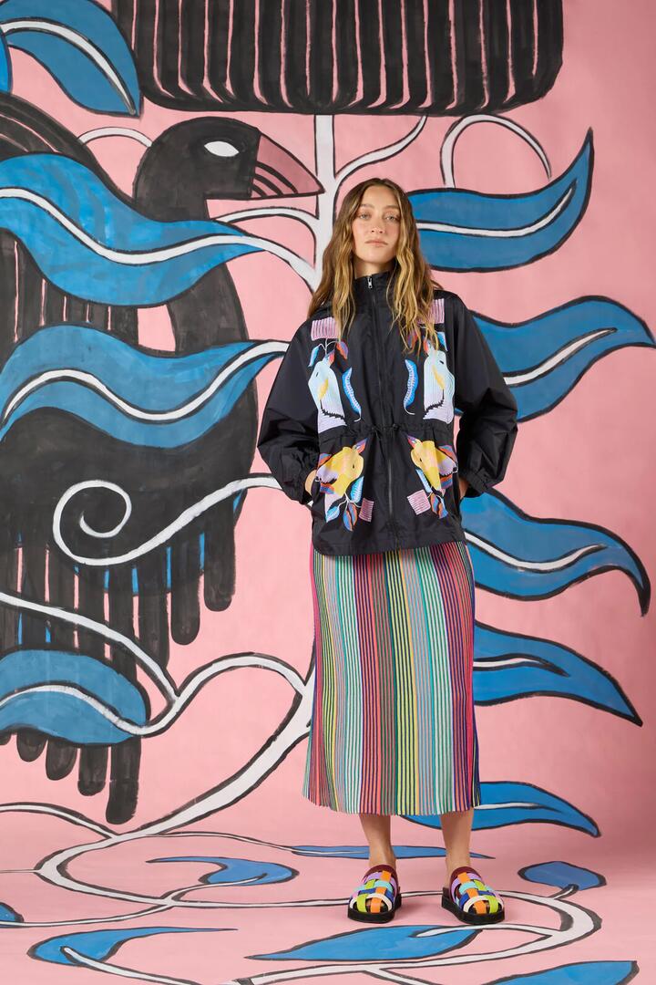 Image of a model wearing Skirts. Product name - Seeing Stripes Knit Skirt in Multi colour by brand - Gorman