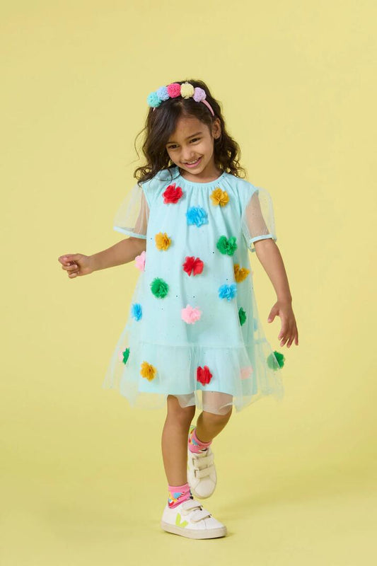 Image of Dresses. Product name - Pompom Mesh Kids Dress in Mint colour by brand - Gorman