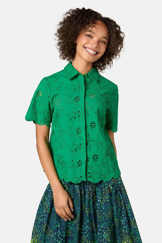 Image of a model wearing Tops. Productname: Fern Anglaise Scallop Shirt in Green colour by brand - Gorman