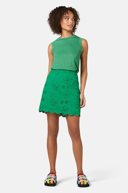 Image of a model wearing Skirts. Productname: Fern Anglaise Scallop Skirt in Green colour by brand - Gorman