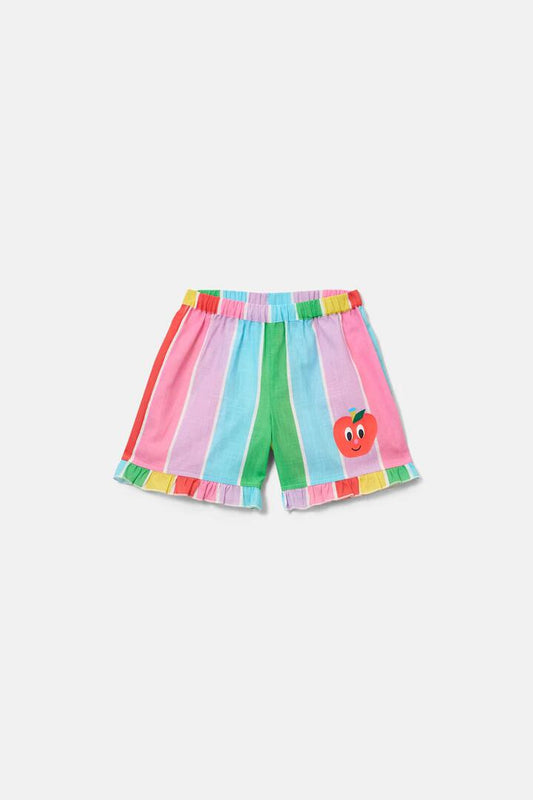 Image of a model wearing Shorts. Product name - Candy Stripe Kids Frill Shorts in Multi colour by brand - Gorman