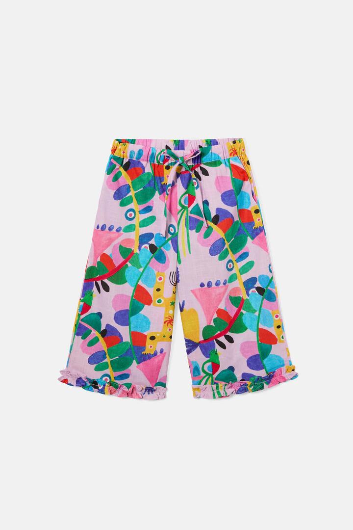 Image of a model wearing Pants. Product name - Rio Kids Frill Pant in Lilac colour by brand - Gorman
