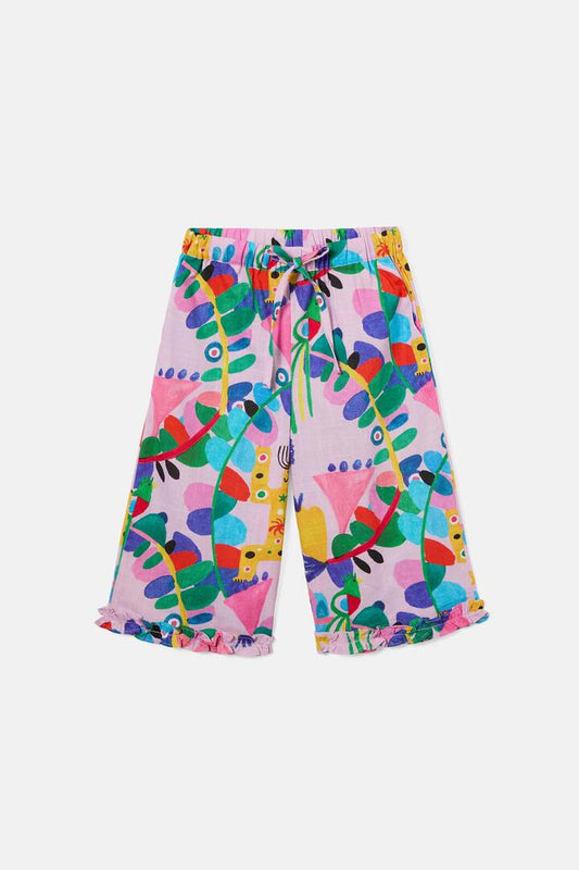 Image of a model wearing Pants. Product name - Rio Kids Frill Pant in Lilac colour by brand - Gorman