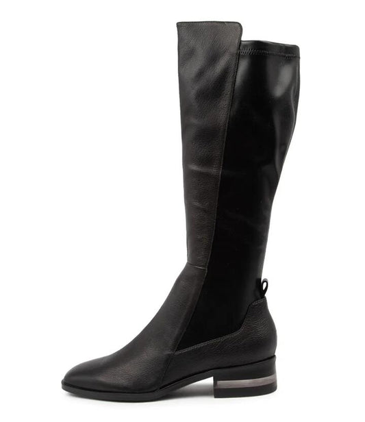 Image of Boots. Productname: Fox Black Leather Stretch Knee High Boots in BLACK-BLACK colour by brand - MIDAS