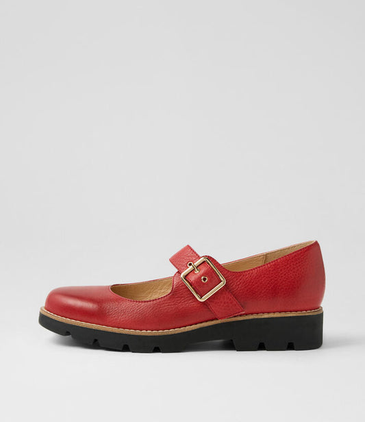 Image of Footwear. Productname: Mgee Red Black Tumble Leather Flat Shoes in RED-BLACK SOLE colour by brand - MIDAS