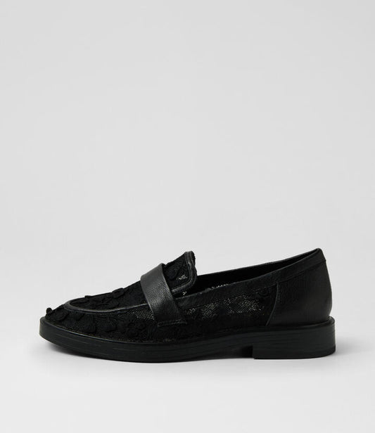 Image of Flats. Productname: Shrimp Black Floral Mesh Leather Loafers in BLACK FLORAL colour by brand - MIDAS