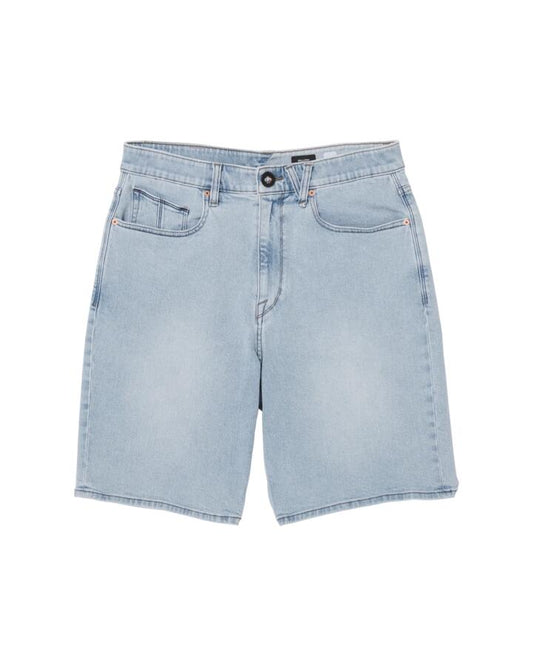 Image of a model wearing Shorts. Product name - Volcom Boys 8-16 Billow Denim Short Desert Dirt Indigo in Desert Dirt Indigo colour by brand - Volcom