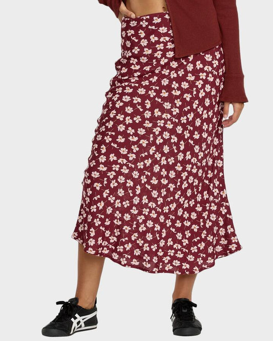 Image of a model wearing Skirts. Productname: RVCA - Womens Annika Midi Skirt - Cranberry - in Cranberry colour by brand - RVCA