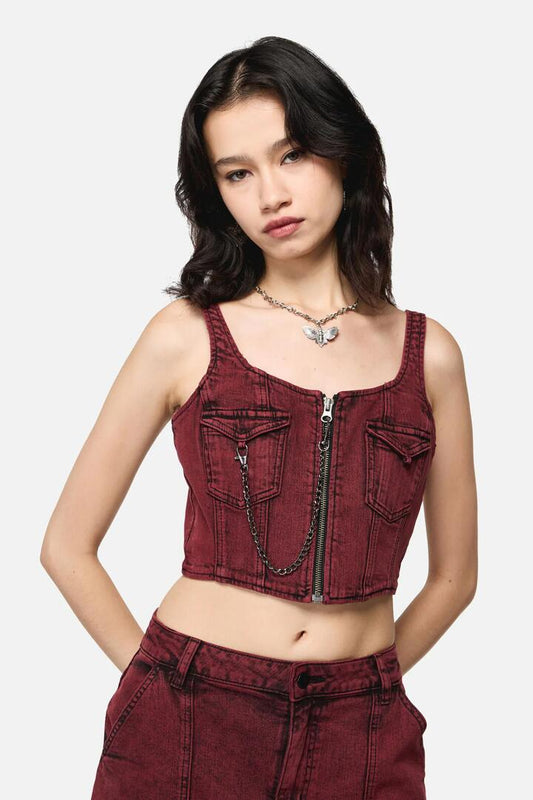 Image of a model wearing Tops. Productname: Barb Denim Corset Top in Red colour by brand - Dangerfield