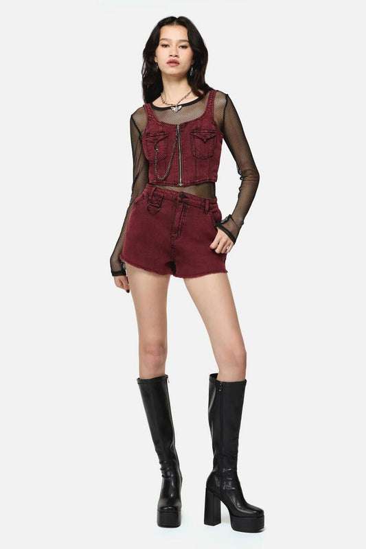 Image of a model wearing Denim. Productname: Barb Denim Mini Short in Red colour by brand - Dangerfield