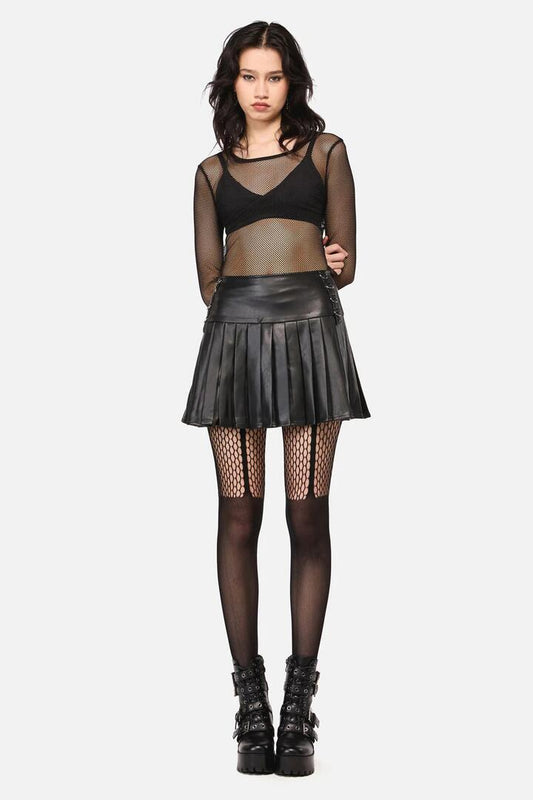 Image of a model wearing Skirts. Productname: Hallows Pleated D-Ring PU Skirt in Black colour by brand - Dangerfield