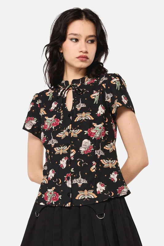 Image of Blouses. Productname: All Hallows Eve Tattoo Print Blouse in Black colour by brand - Dangerfield