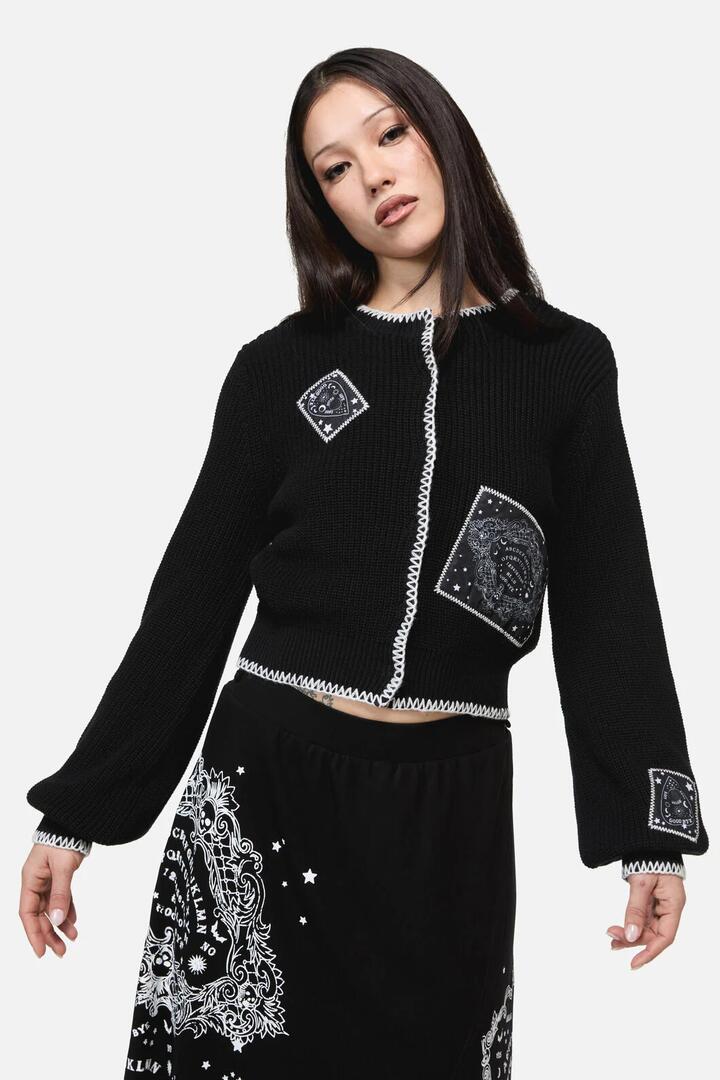 Image of Cardigans. Product name - SÃ©ance Patch Goth Cardigan in Black colour by brand - Dangerfield